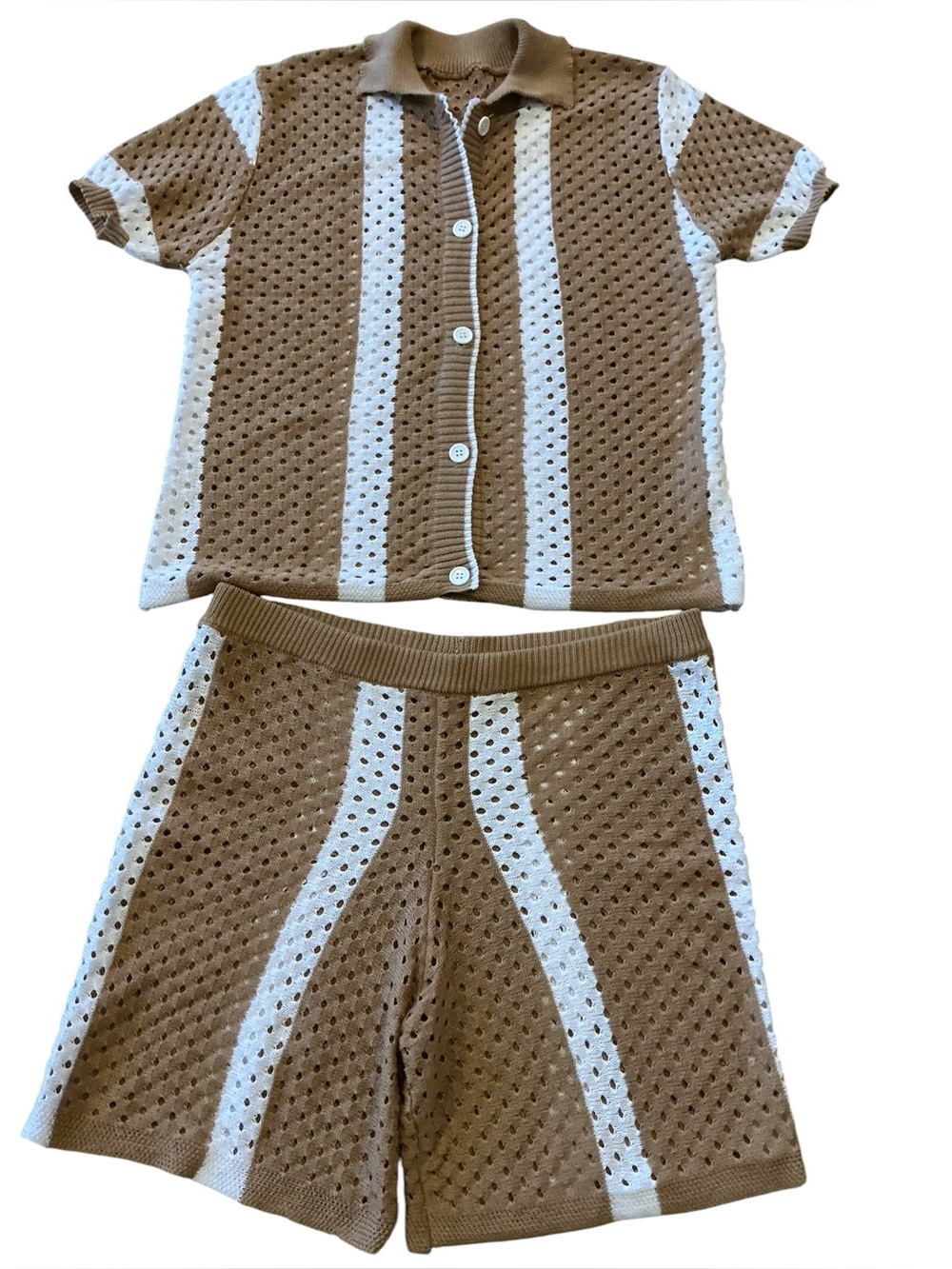 Woman’s Swim Cover-Up Two-Piece Brown and White Knit L/XL NWOT